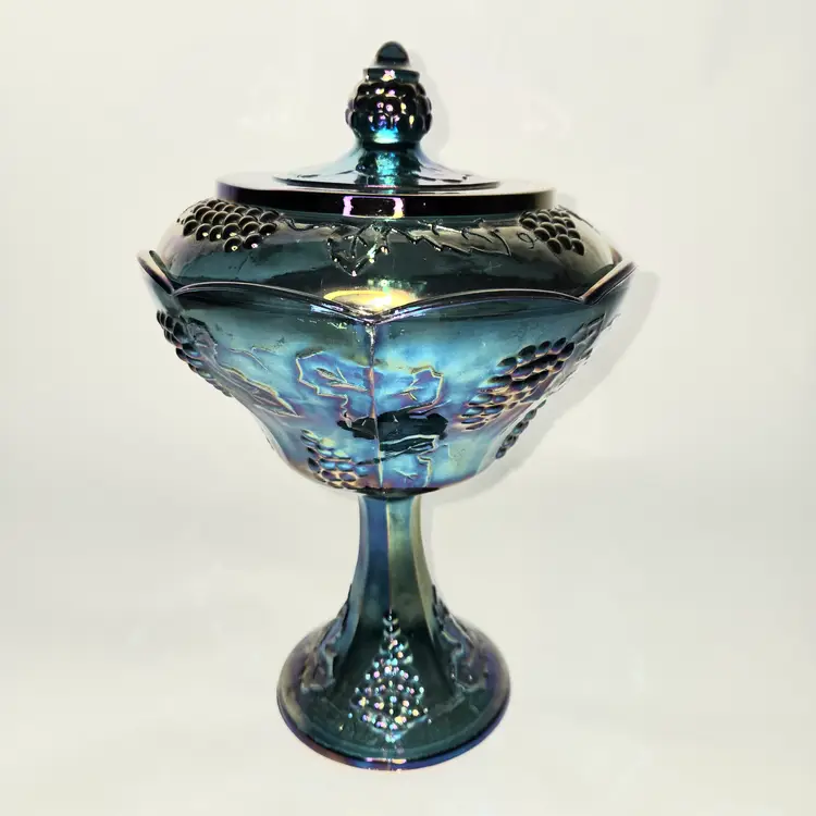 225  Indiana Carnival Glass Lidded Compote Harvest Grape Peacock Blue VTG GLOWS