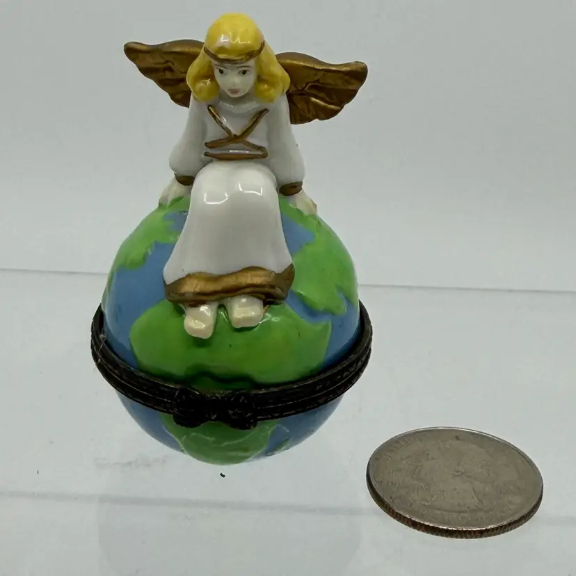 Midwest miniature Ceramic Treasure Trinket box Globe World angel Figure on top