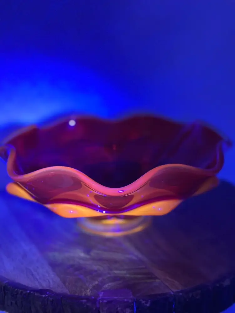 Vintage Viking Art Glass Persimmon Candy Dish Bowl RARE Double Ruffle Footed