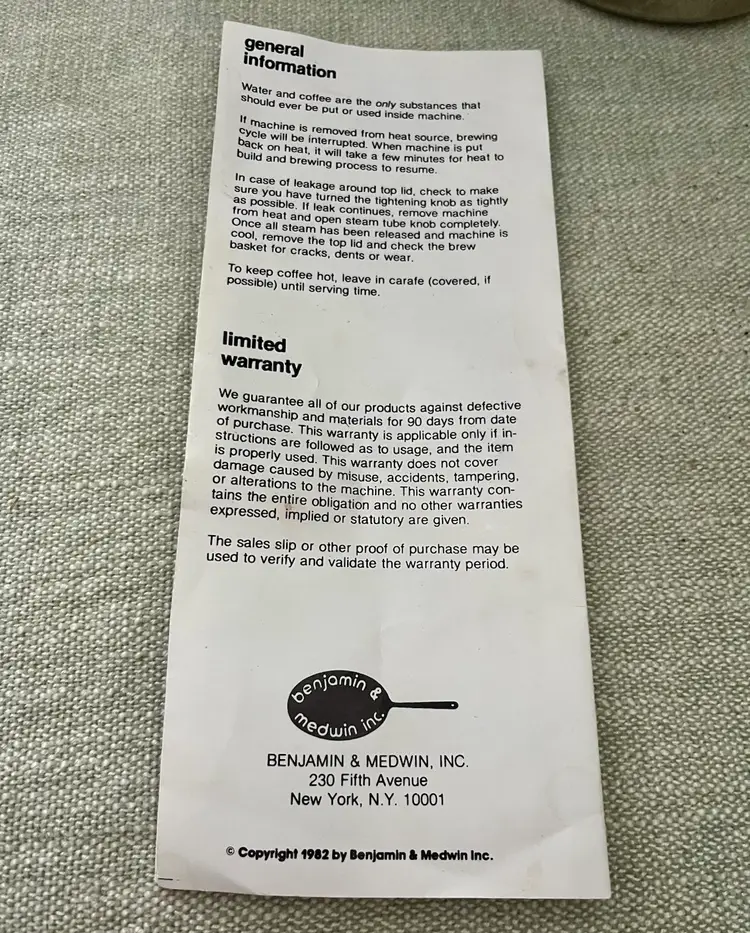 1982 Benjamin & Medwin Inc Cafe Espresso Cappuccino Machine Coffee Bar RV Camp