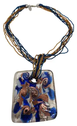 Murano Glass Pendant Necklace Italy Black Blue Copper 16"
