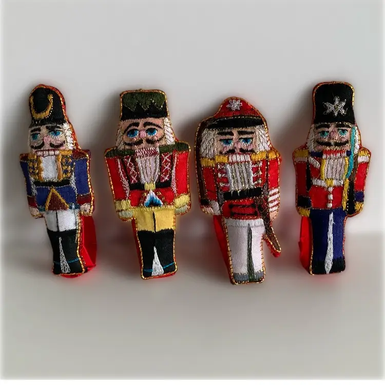 Set of 4 Embroidered Soldier Christmas Ornaments Or Napkin Ring Holders