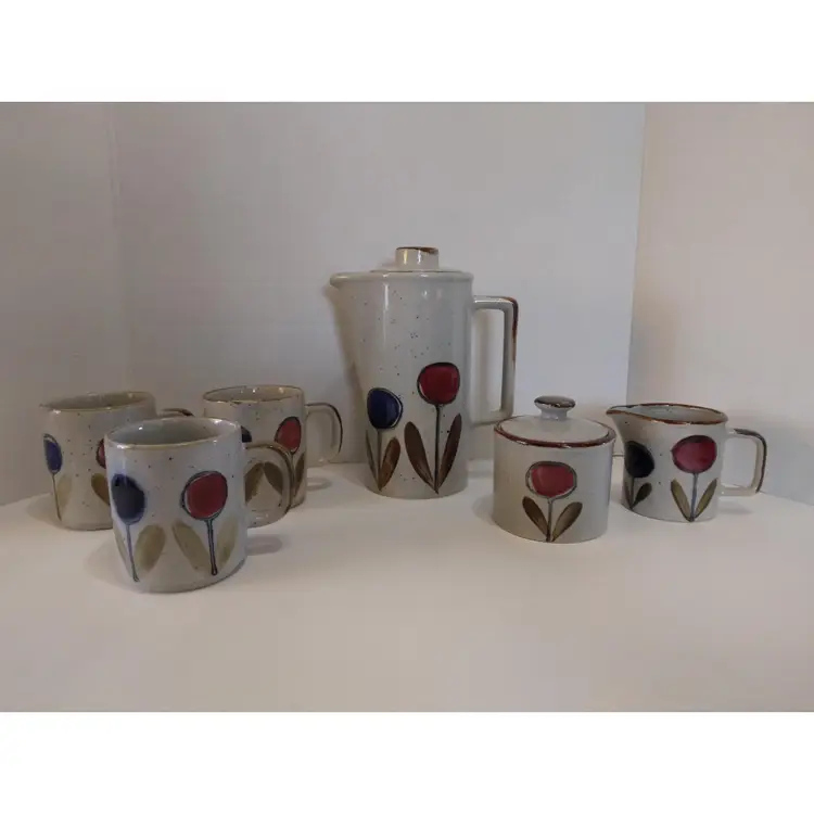 Vintage Speckled Stoneware Hand Painted Tea Pot Mugs Sugar Creamer Set Japan