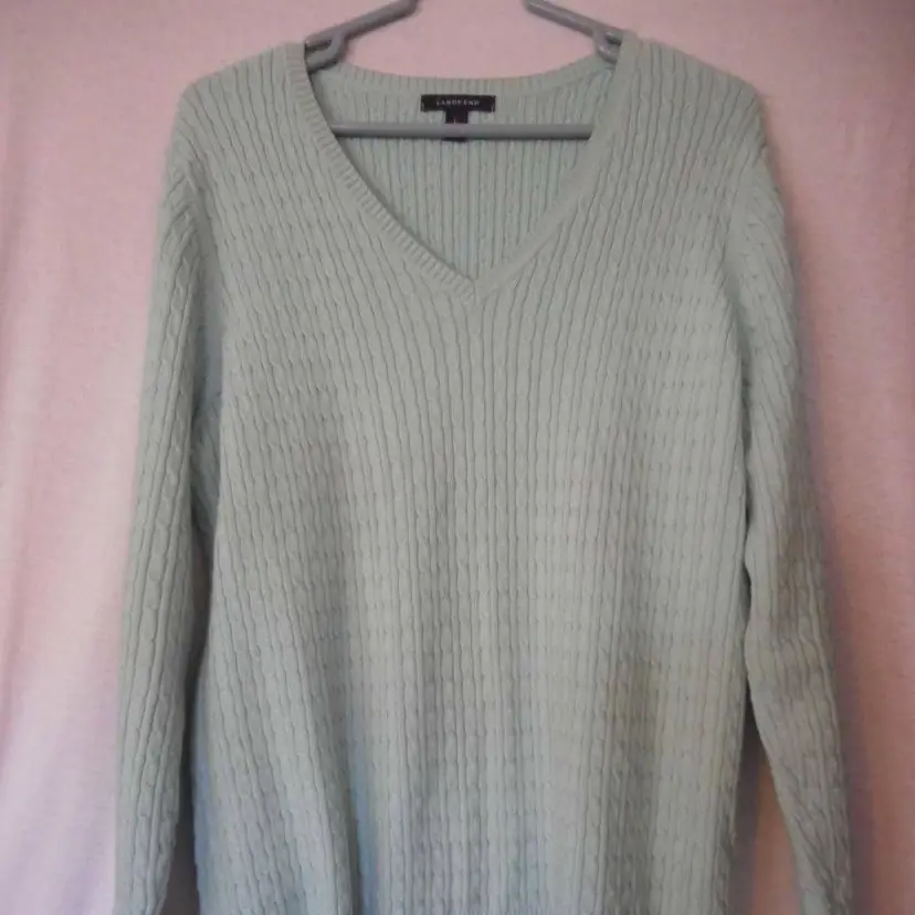 Lands End Minty Green v-neck Sweater 100% cotton Size L 14 - 16