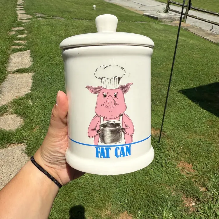 Vintage 80s Bandwagon Pig Fat Can Bacon Grease Farmhouse Country Lidded Jar