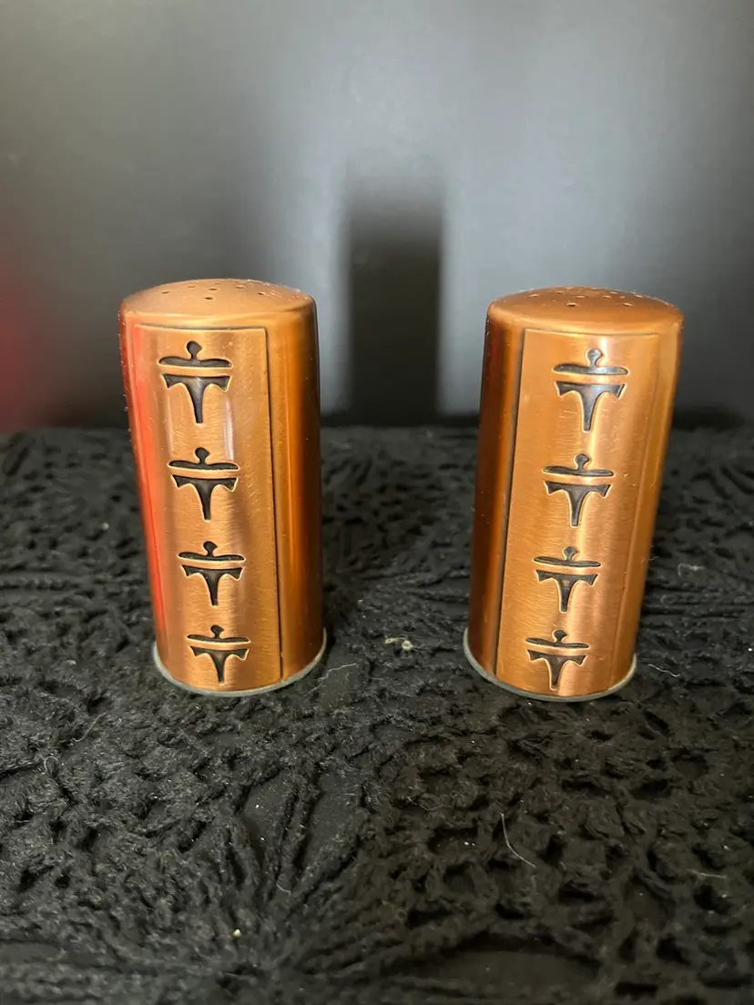 Vintage MCM w/ Thunderbird Design Copper S & P Shakers