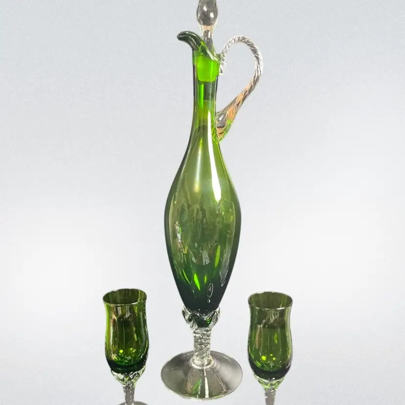 #01 Beautiful Empoli Avocado Green & Clear Decanter w/ 2 Small goblets- Italy-Twisted Clear Glass on Handle, Base & Stopper-Lot 59