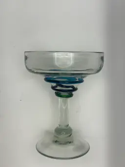 Set Of 3 Large Blown Glass Blue And Teal Swirl Margarita Glasses 7”H; 5” Diameter