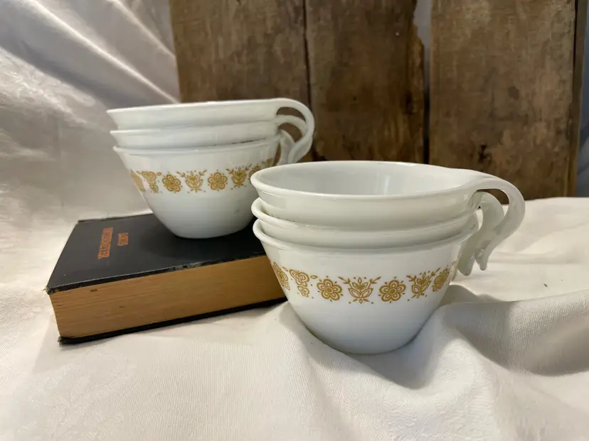 Vintage Set of 6 CorningWare Corelle Butterfly Gold Coffee Tea Cups with Hook Handles