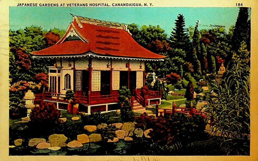 Japanese Gardens at Veterans Hospital Canandaigua NY Postcard 1934