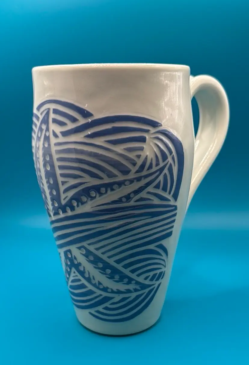 Be Salty Studio Blue and White Starfish  Pottery Mug signed Lexy 2016 6” tall