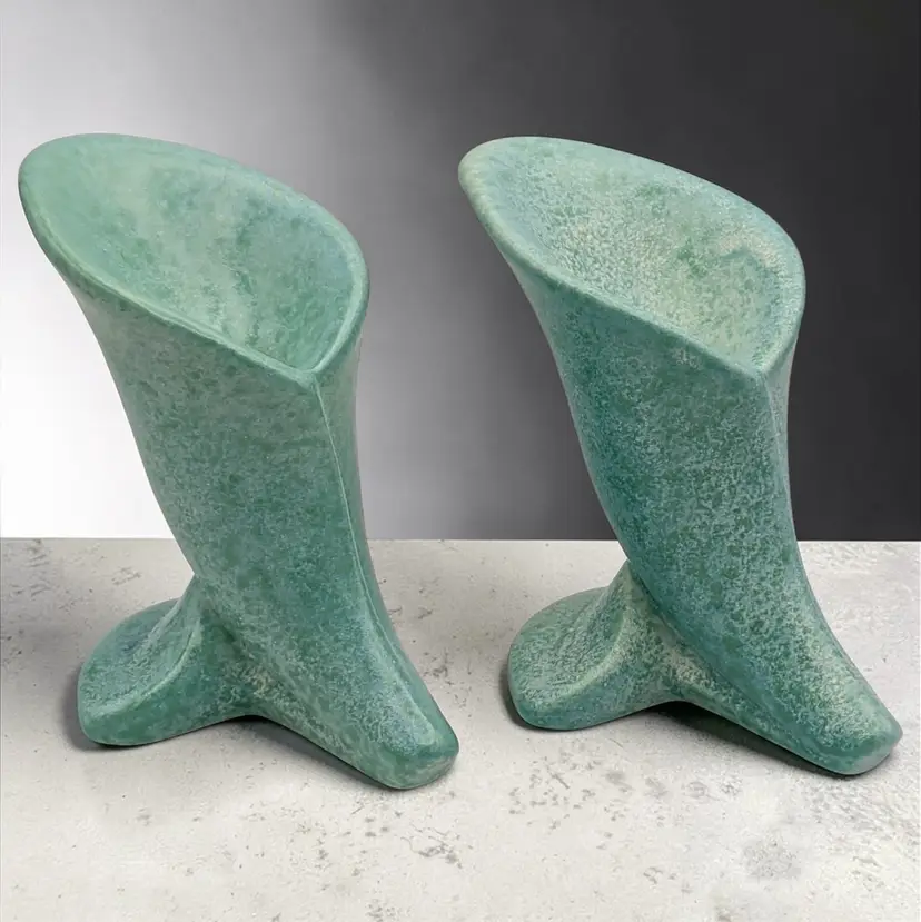 Haeger MCM Turquoise Calla Lily Cornucopia 2 Taper Candlestick Holders Vtg 5" H