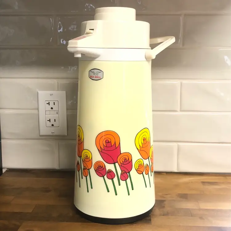 Coffee Air Pot Pump Vacuum Liquid Dispenser Floral Print Sea Gull Vintage 