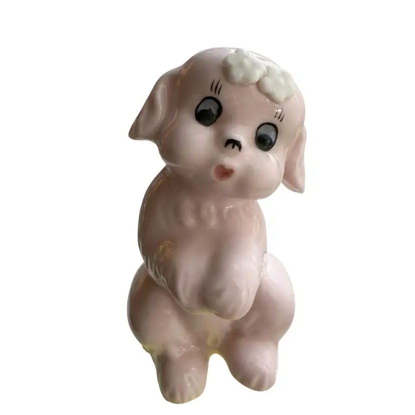 Vintage Anthropomorphic Dog Figurine Pink With White Flowers MCM Kitschy 
4” T x 2” W
