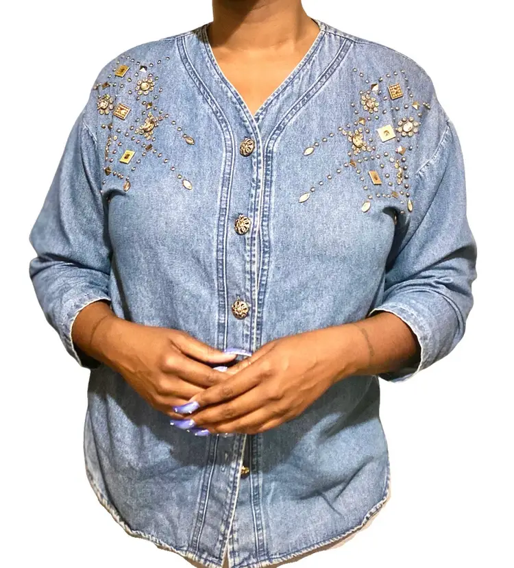 1980s Denim Button Up Top Silver Stud Details Size L