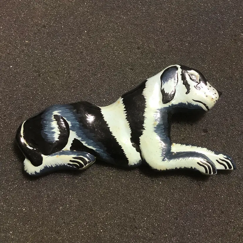 Vintage Large Black and White Hand-Painted Wood Pet Dog Brooch