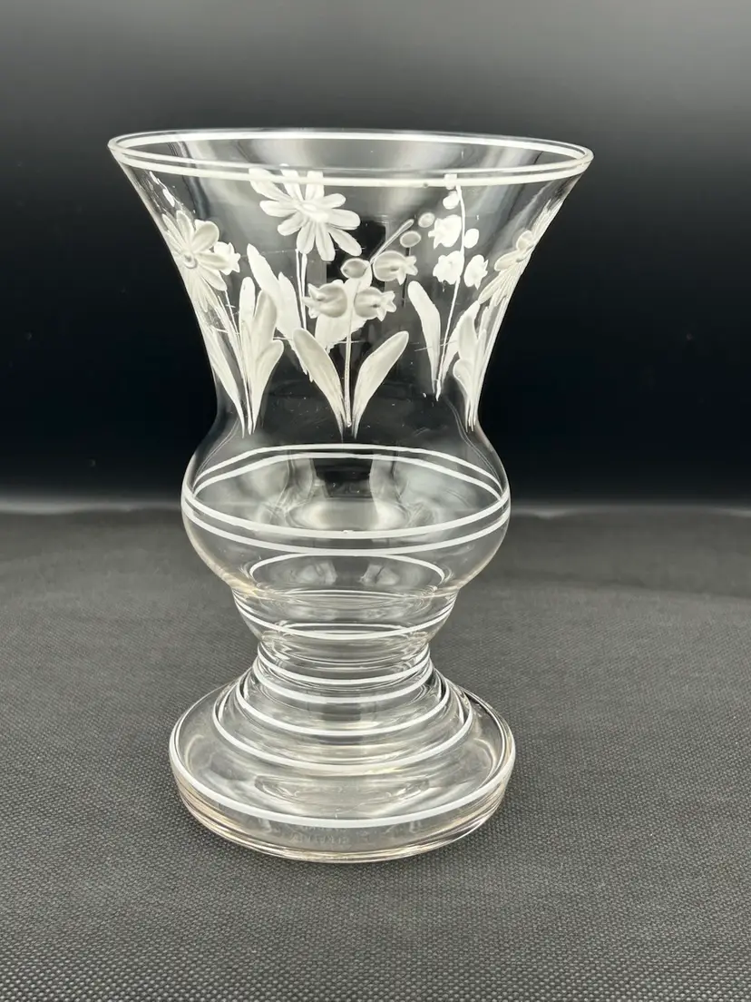 Hand Painted In White Floral Clear Glass Vase