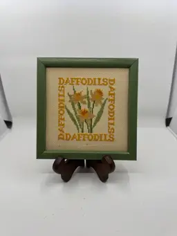 Vintage Cross Stitch Daffodils, Green Frame, 5.5” Square
