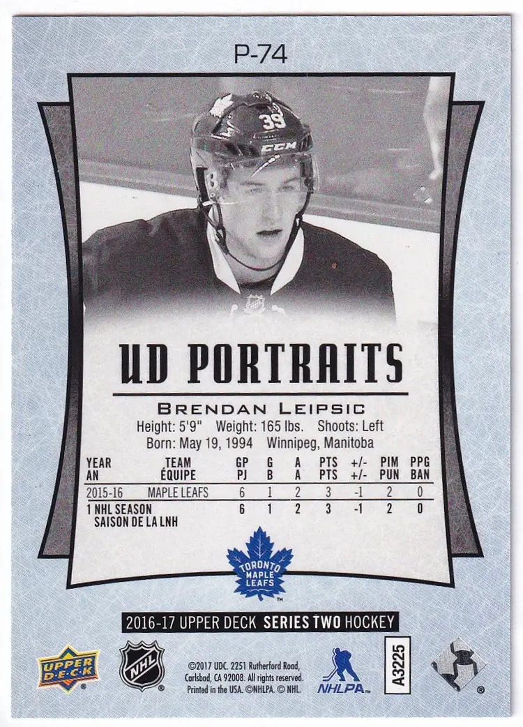 2016-17 Upper Deck UD Portraits Rainbow Foil #P74 Brendan Leipsic Toronto Maple Leafs Hockey Card