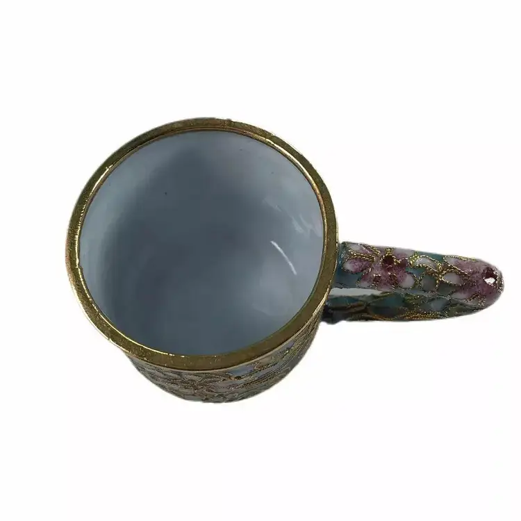 Vintage Cloisonne Ornate Floral Enamel Small Cup Flower Gold Rim Spring Blue