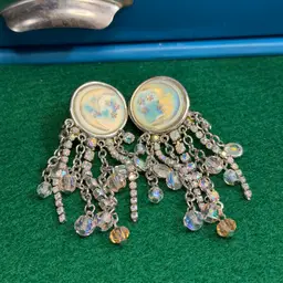 Kirk’s Folly Crescent Moon Face Earrings Pierced Rhinestone Dangle Fringe Iridescent Satin READ