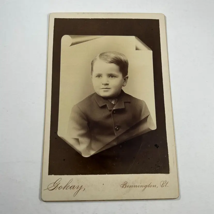 Cabinet Card Young Boy Hair Part Peacoat Jacket Scrollwork Bennington Vermont