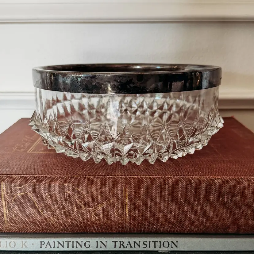 Vintage Diamond Point Serving Bowl with Silver Plated Rim