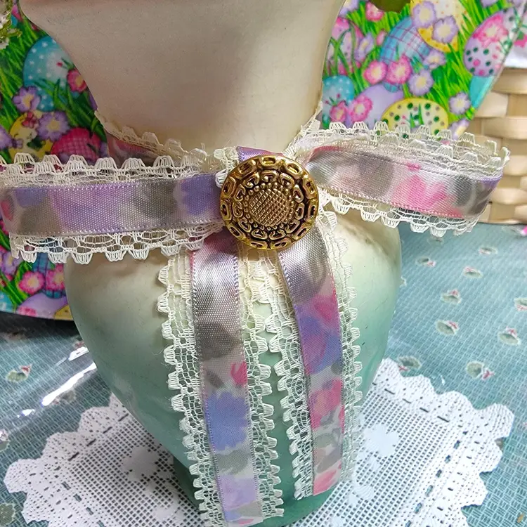 Vintage 1930’s Rum Rill 305 Green & White Art Pottery Vase with Added Pink Roses and Vintage Lace & Floral Ribbon With A Vintage Brass Button ~ Crafted By Sheryl 🥰