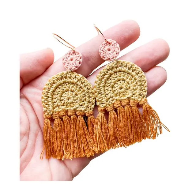 Mustard/Pink Handmade Crochet Tassel Earrings