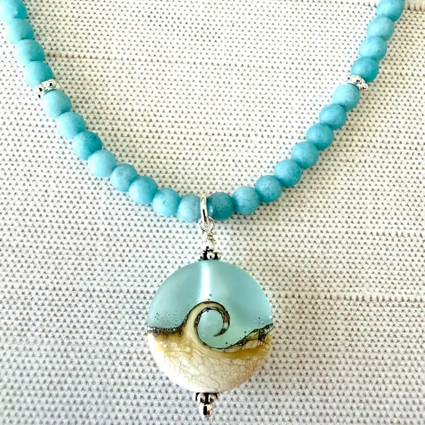 Handmade Lampwork Wave Pendant On Aquamarine Beaded Necklace Sterling Silver Extender