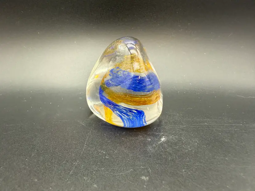 Caithness Scotland Pebble Paperweight Blue and Yellow/Gold Swirls