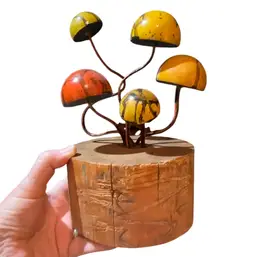 Amazing Mushroom  Sculpture 🍄 Abstract Pyrography Wood Base Likely Signed Mixed Media