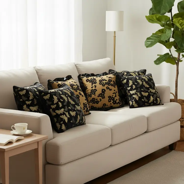 SOGA 6PC Velvique Mustard Gold Floral Ruffle & Vintage Butterfly Pillow Covers 45cm