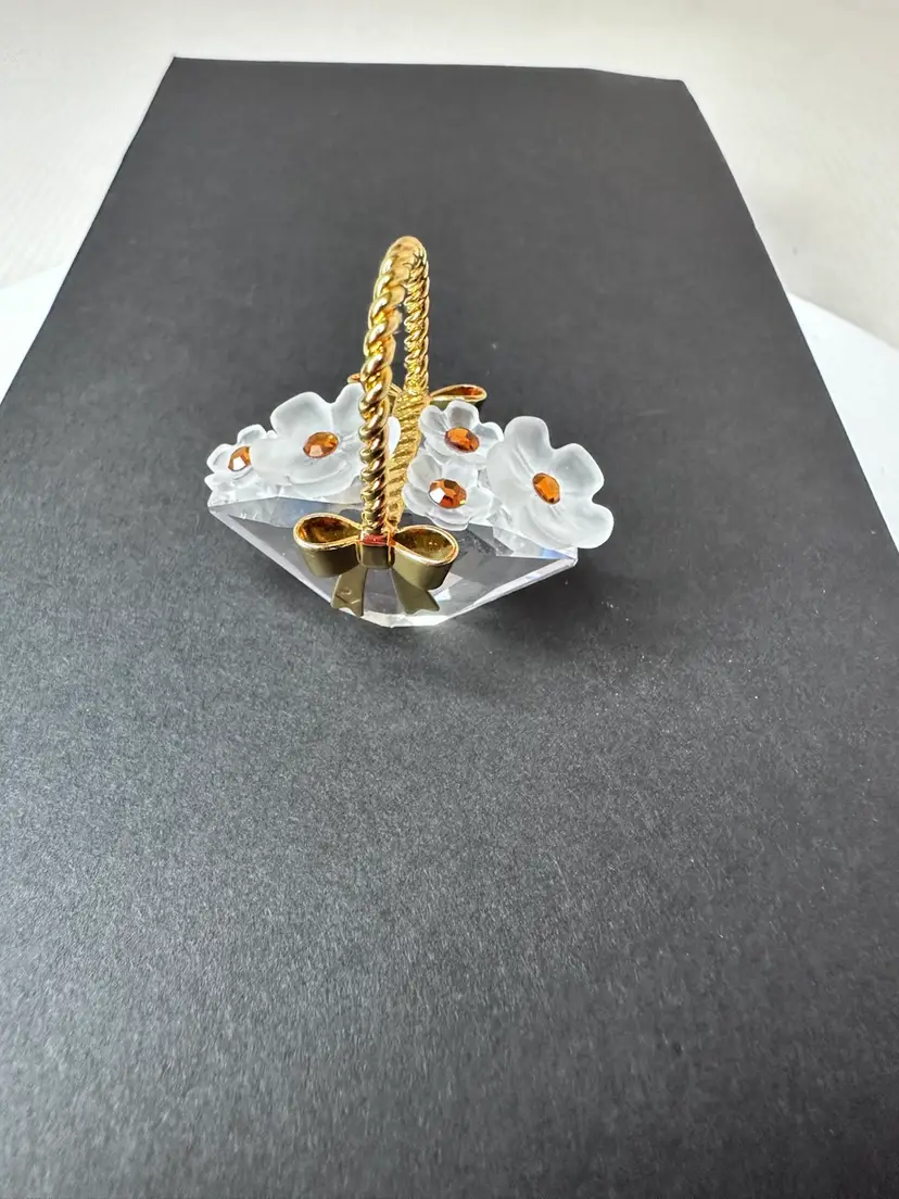 #01 Vintage Swaroki Miniature Crystal Flower Basket With Gold Embellishment Flowers Frosted