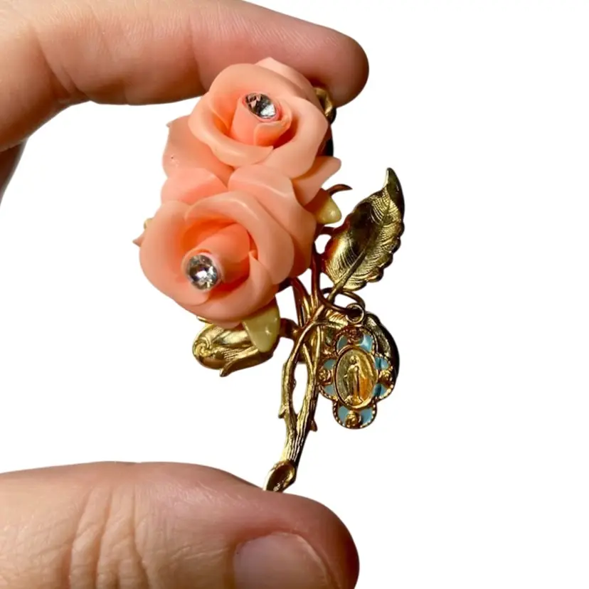 Gold Tone Religious Flower Brooch - Virgin Mary Charm