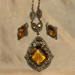 Vintage Ornate Amber Czech Glass Necklace And Vintage Amber Clip On Earrings