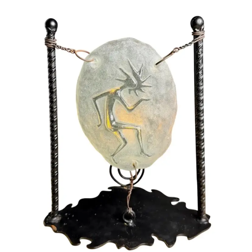 Kokopelli Sculpture Candle Holder Wrought Iron Stand W/Green Glass Kokopelli Panel Shelf Decor Signed READ
10” T x 8-3/8” L x 6-1/4” W