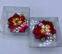 Vintage glass poinsettia flower ornament Xmas tree, German Made. Set Of 2 In Box
