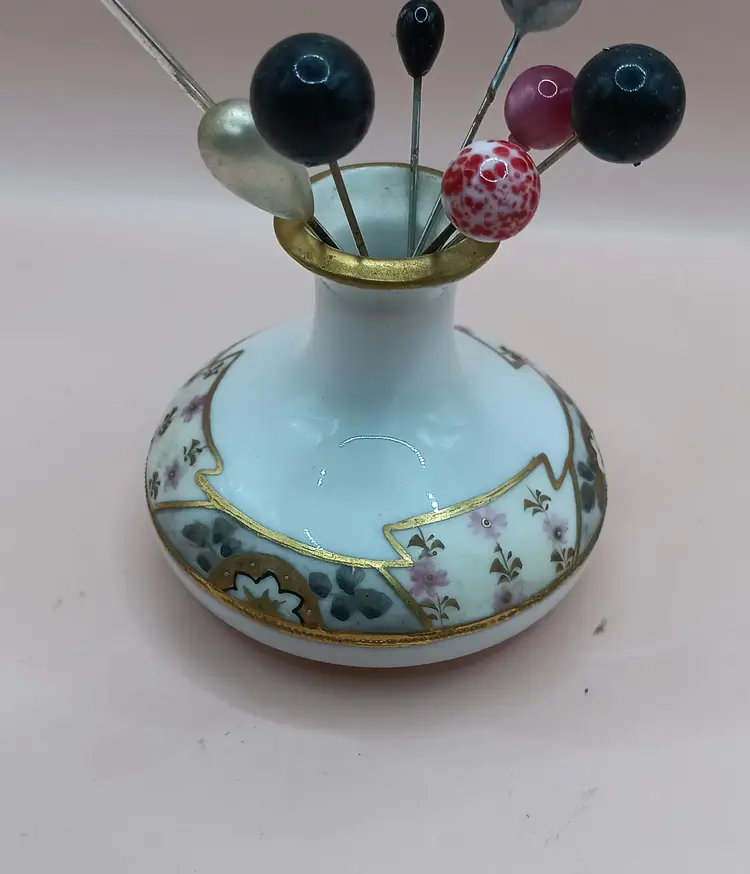 Nippon Handpainted Floral Vase with Eight Hat Pins  2" Vase