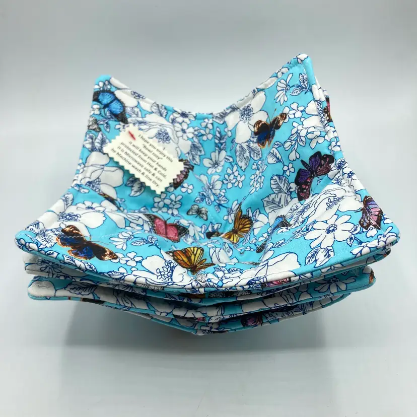 4 Set Handmade Butterfly Hibiscus Flower Blue Bowl Cozy Hot/Cold Pads Cotton