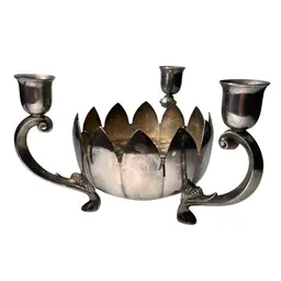 Vintage Leonard Silverplate 3 Candle Lotus Flower with Flower Frog Centerpiece 4.75x8"