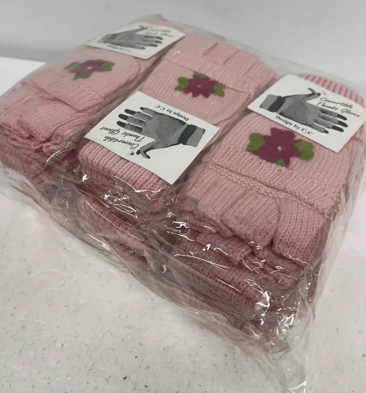 Women's Knit Fingerless Gloves w Mitten Flap PINK FLORAL  12pk NEW