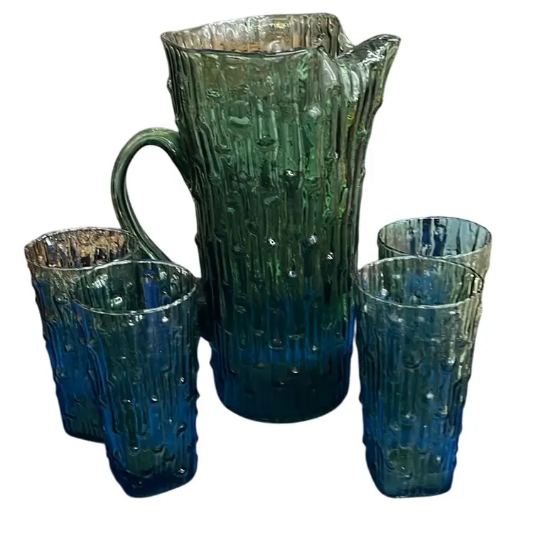 Vintage Anchor & Hocking Green Bamboo Pitcher With 4 Glasses.