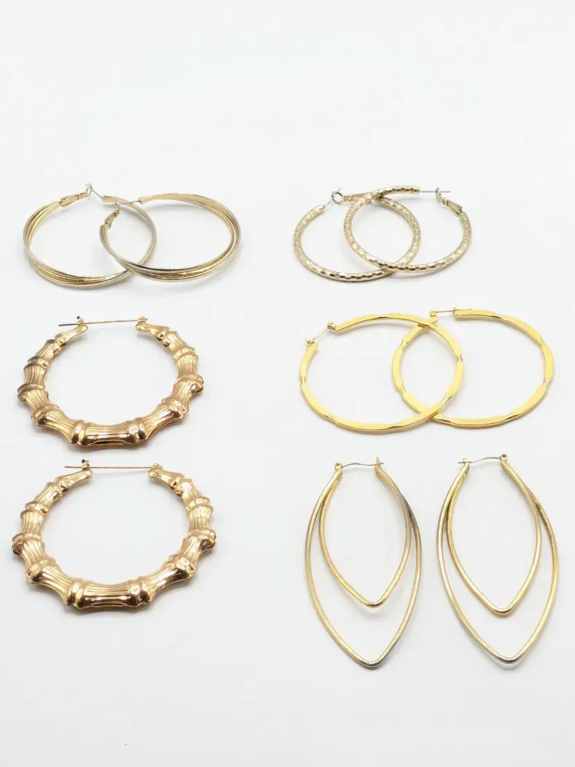 Set of 6 Pairs Gold Tone Hoop Earrings Jewelry