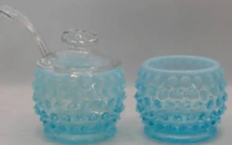 Vintage Fenton Aqua Blue Opalescent Hobnail Condiment Jars, w/1 Lid & Orig. Spreader