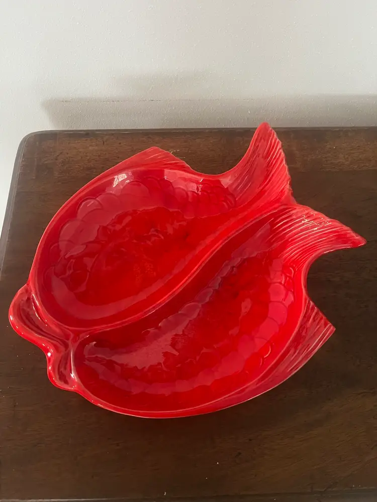 Vintage Big Fish Divided Serving Bowl in Red, California Original Pottery