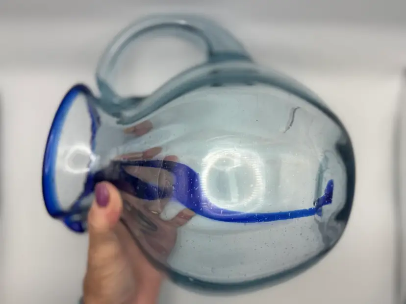 Large Blown Glass Water Pitcher 9”H; 32-48 Oz. As Is