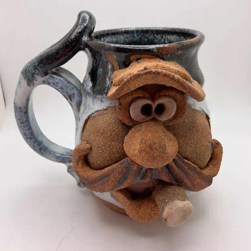 POW3 Eakin Pottery Stoneware Mug Moustache Man with Cigar
