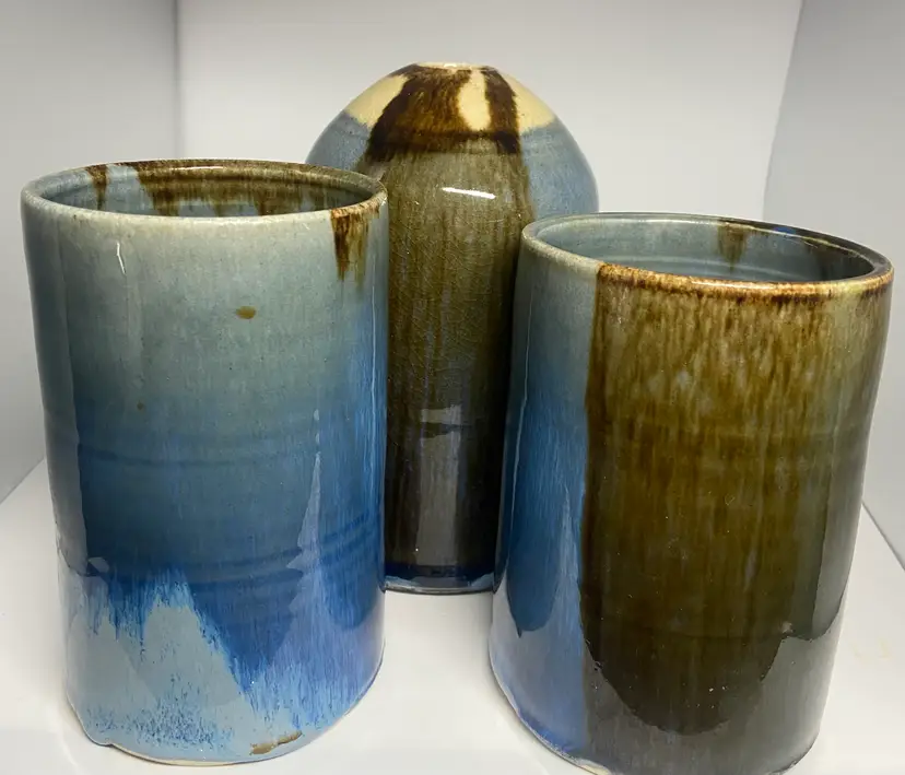 3 Studio Pottery Vases (1 Bud Vase & 2 Wide Mouth Vases)