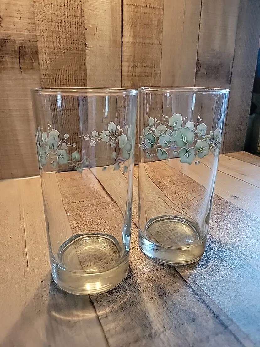 2 Corelle CALLAWAY Green Ivy 16oz Water Glass Tumblers Drinking Glasses Corning